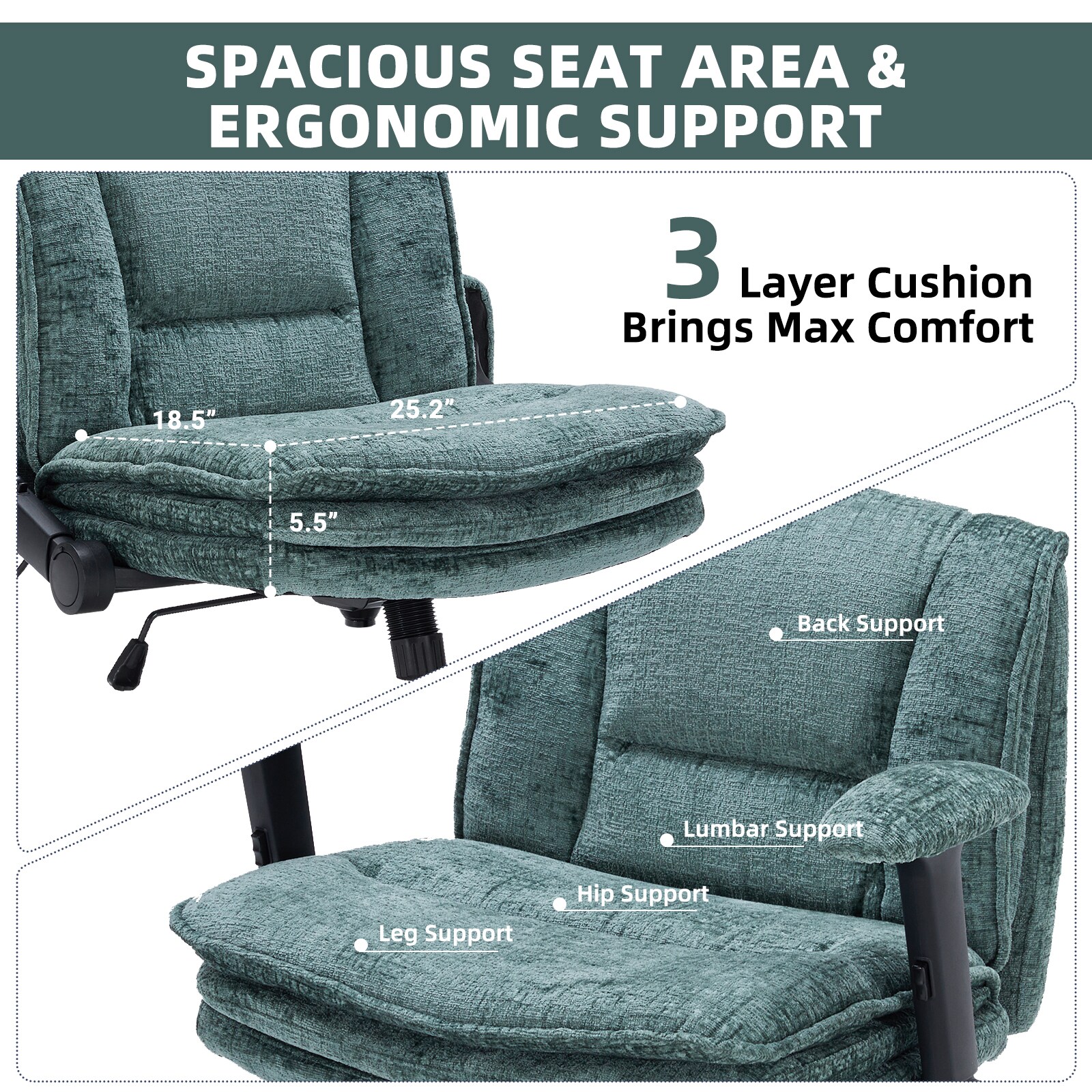 Criss Cross Chair With Wheels And Flip Arms, Upholstered Cross Legged Office Chair With 3 Layer Cushions&Dynamic Airbag Lumbar Support, Wide Seat Comfy Desk Chair For Home Office, Living Room, Green_maomaolike.com